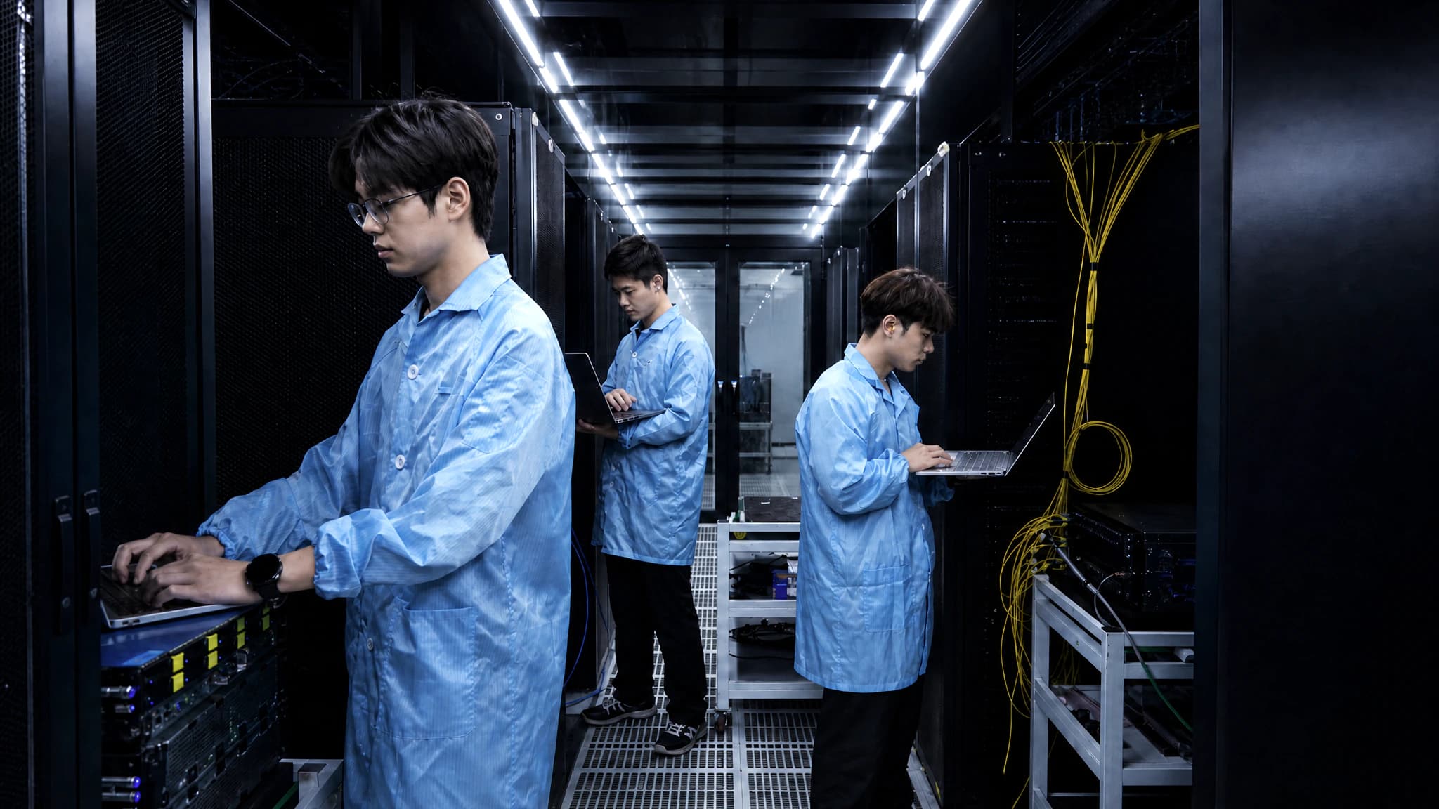 三名工程师在机房过道内协作