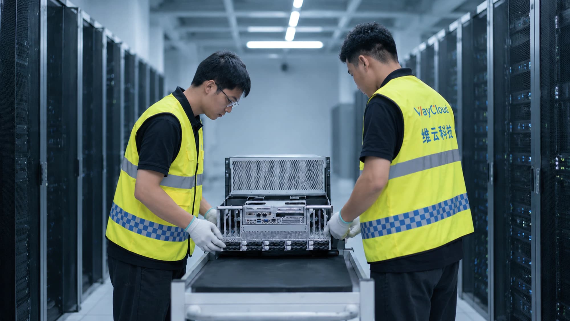 两名工程师开箱检查服务器机箱