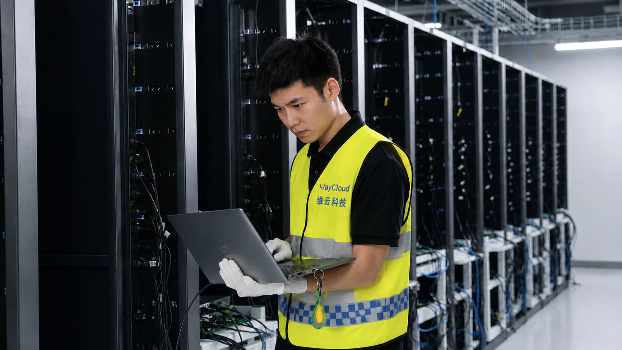 维云工程师持笔记本于机柜列前