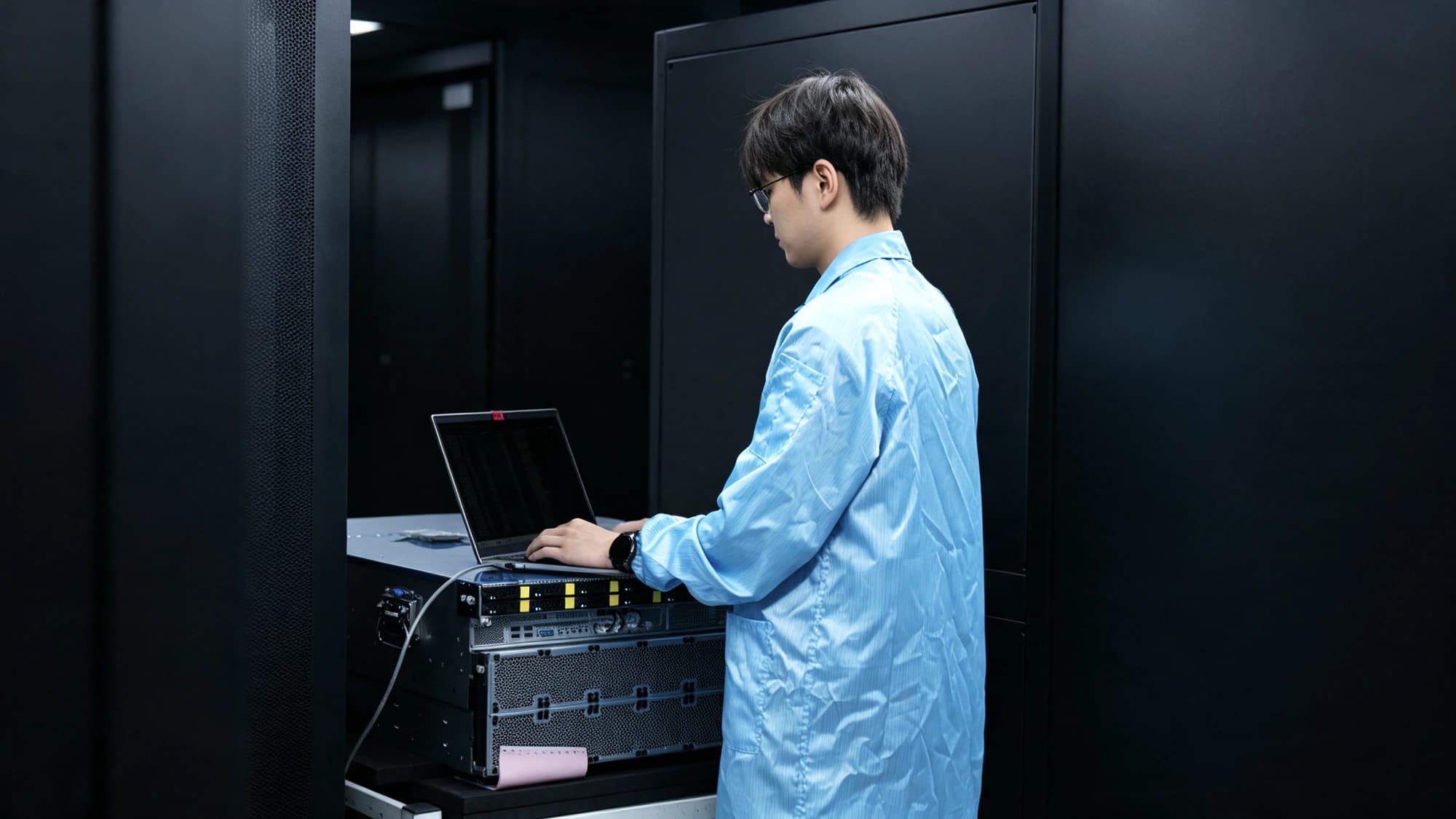 工程师以笔记本连接服务器执行备份与关机