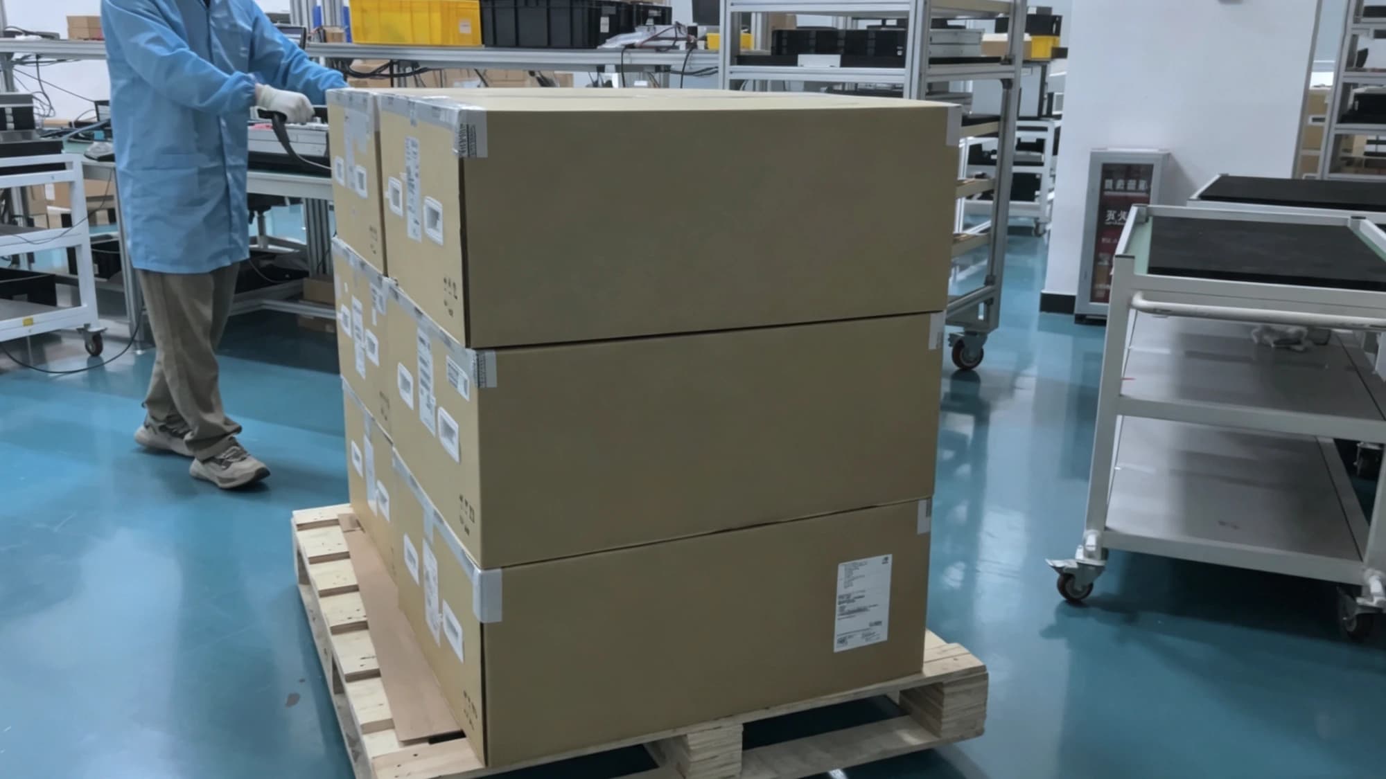 托盘上堆叠的包装纸箱与核对中的工程师