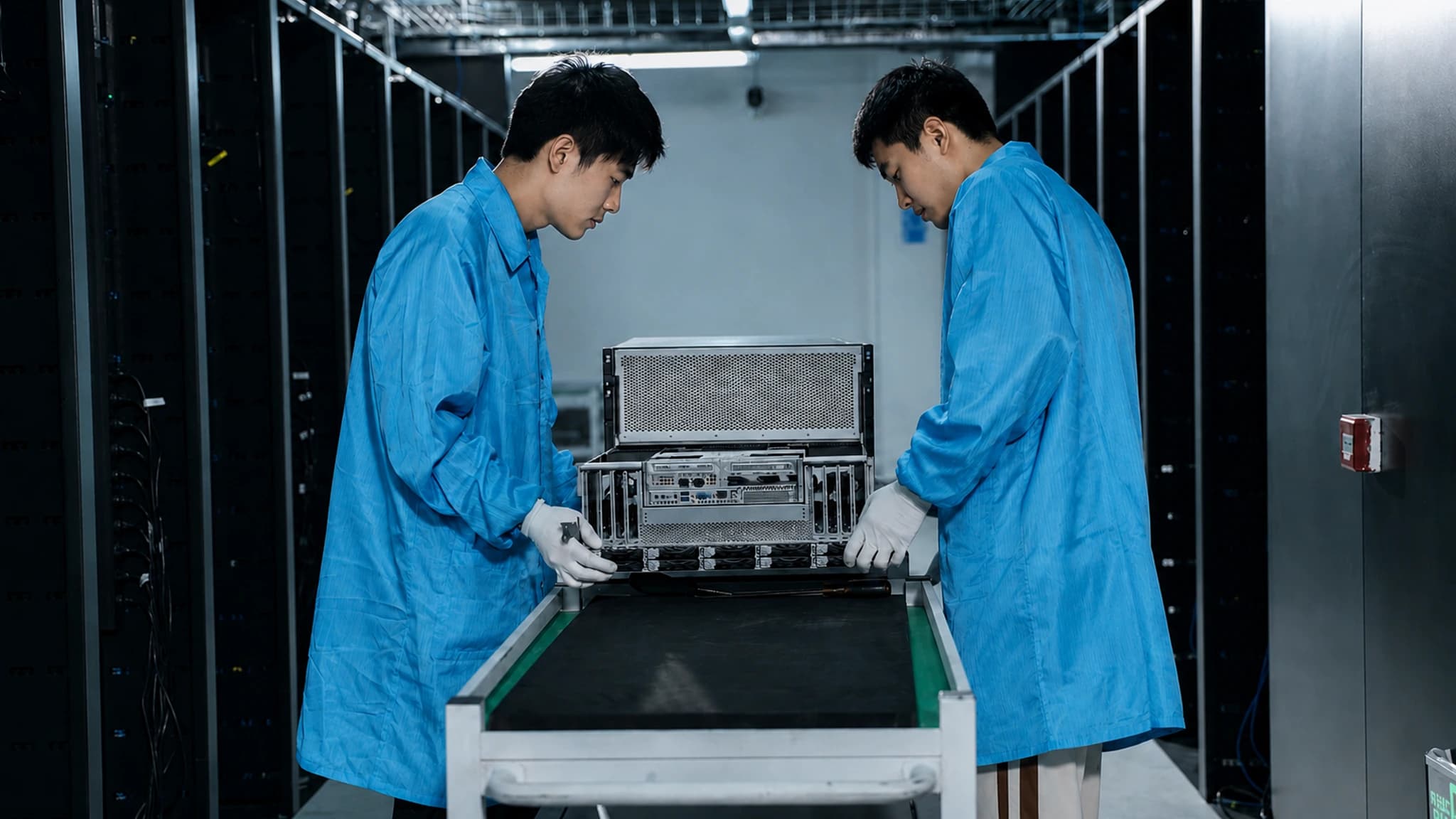 工程师协作抬装 GPU 服务器