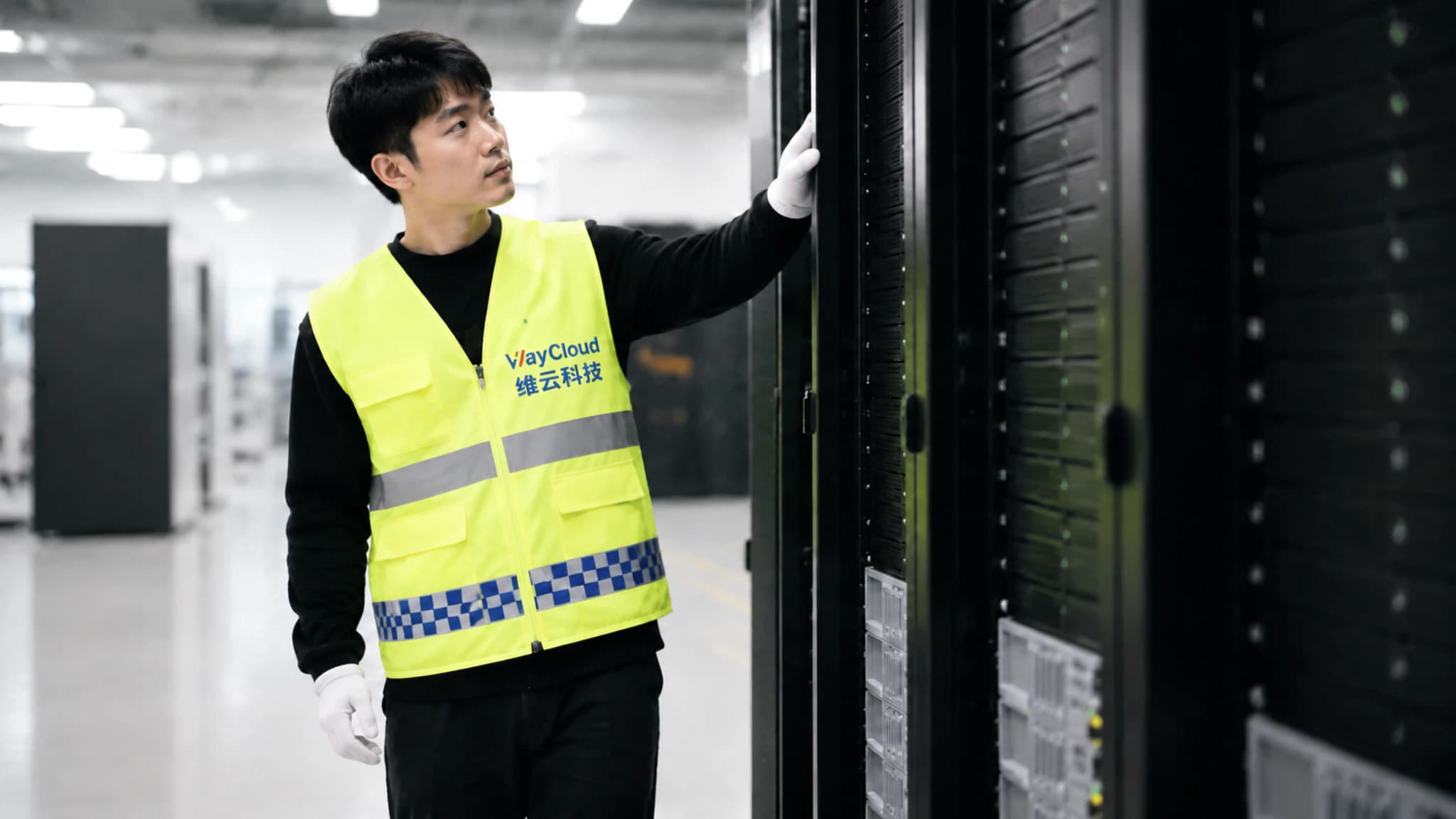 工程师在机房冷通道巡检机柜