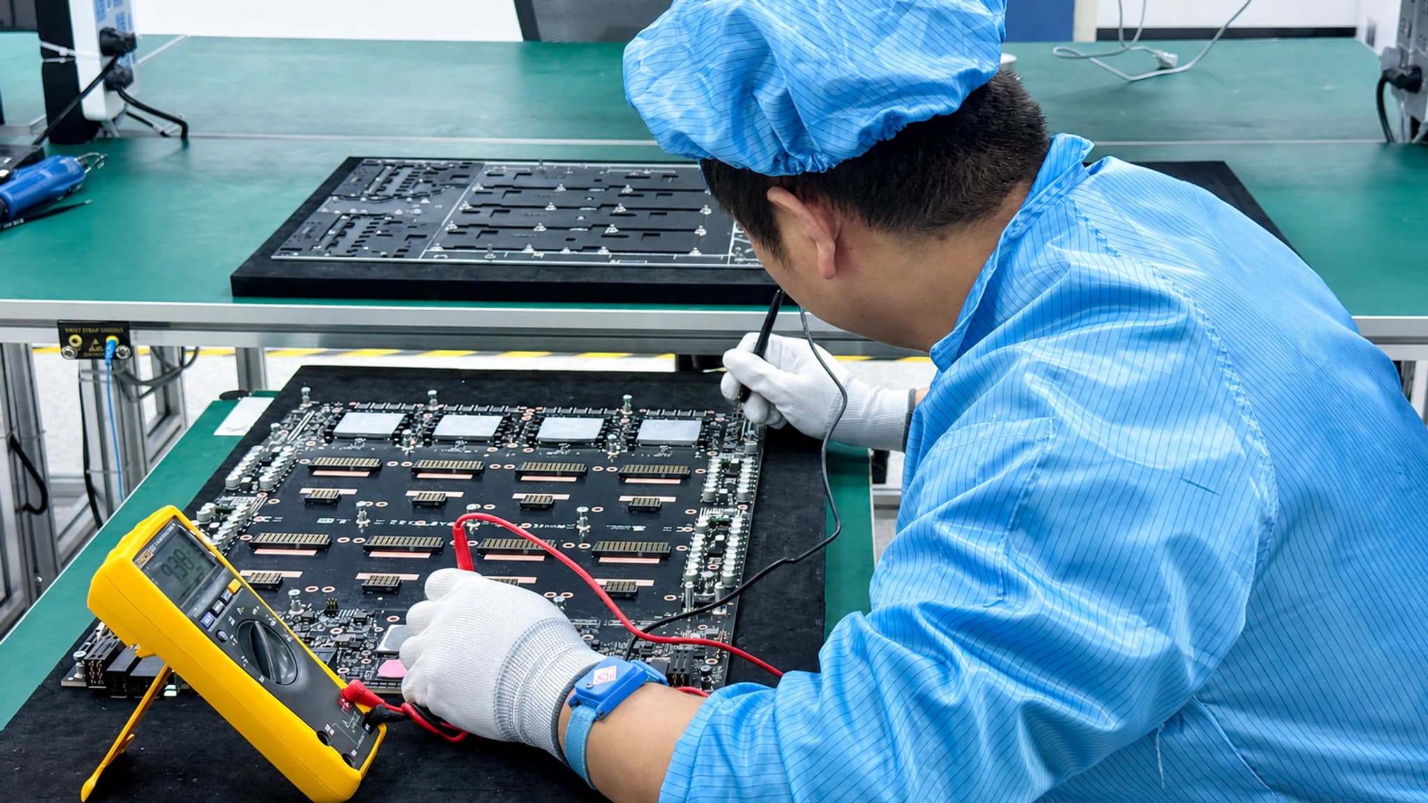 工程师用万用表检测 GPU 主板
