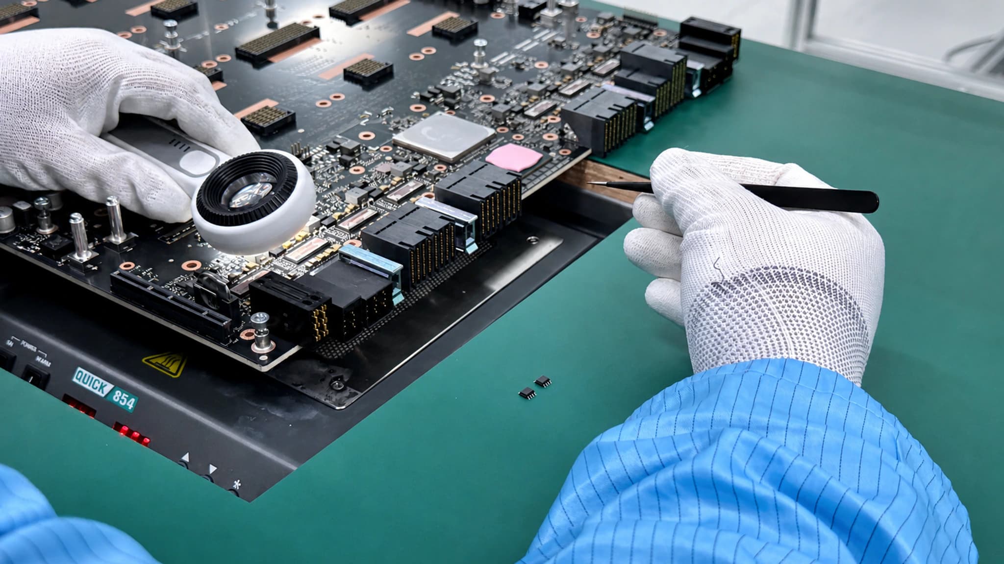 工程师在防静电工位执行 GPU 板级维修