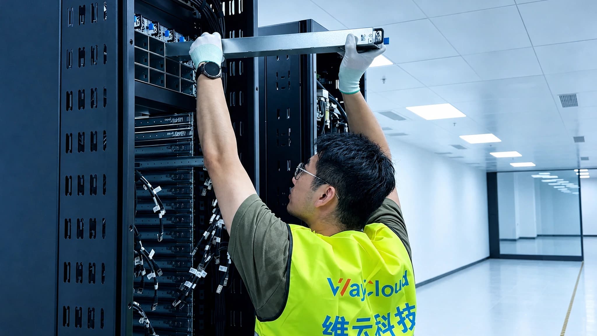 工程师在 AI 服务器机柜前执行运维作业