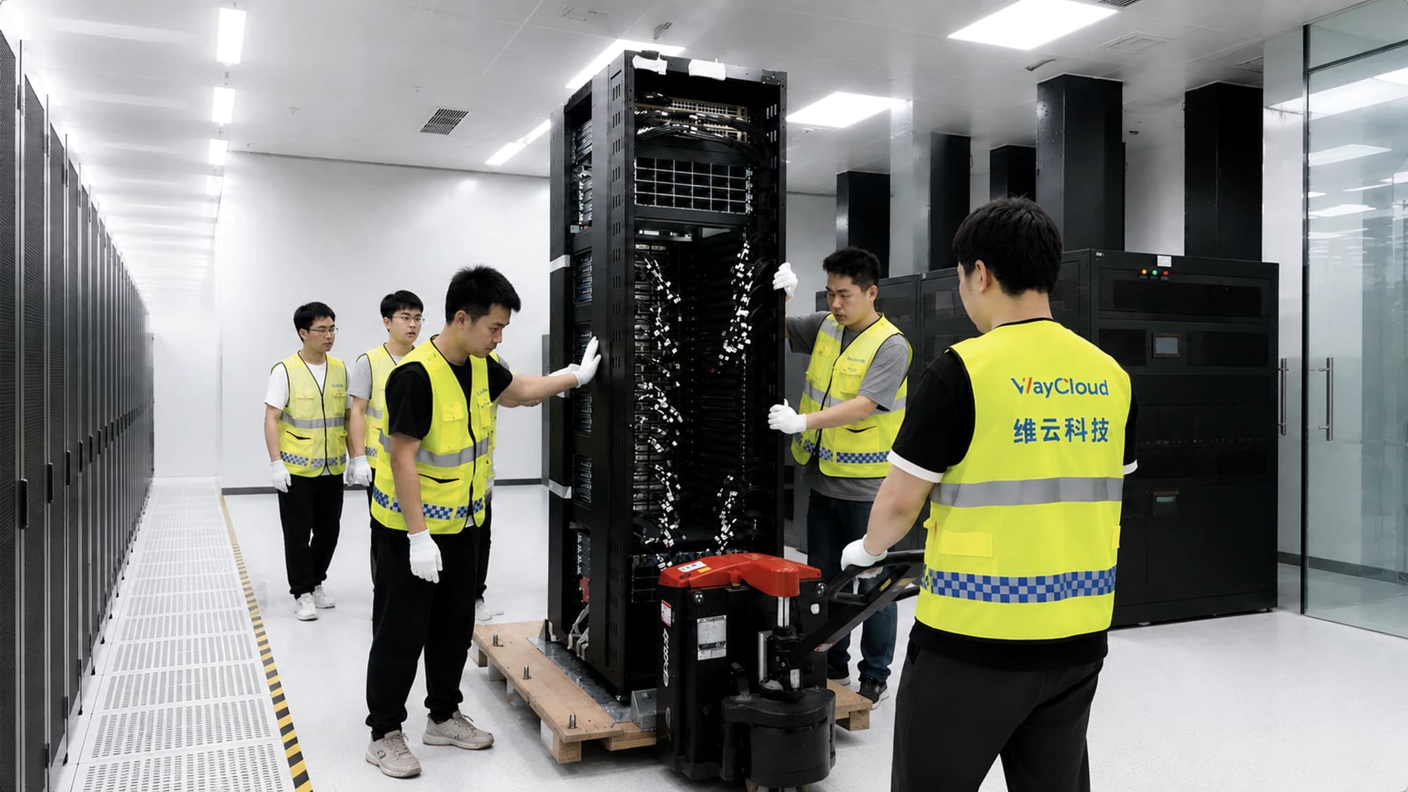 工程师在 AI 服务器背板执行连接与交付检查