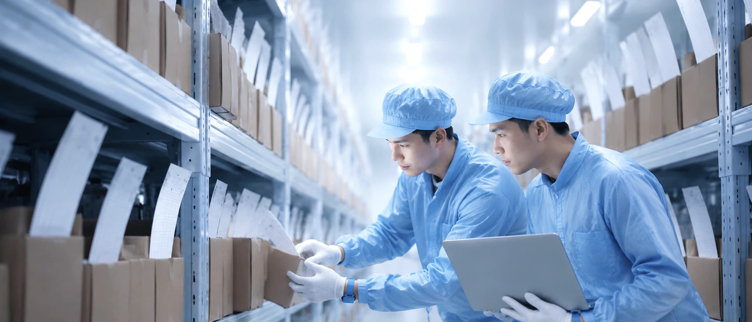 工程师在备件货架前核对库存