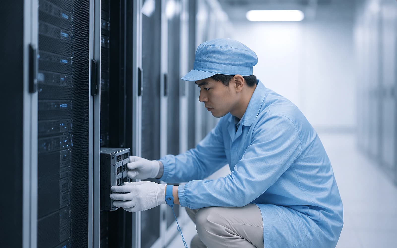 工程师在机柜前操作服务器