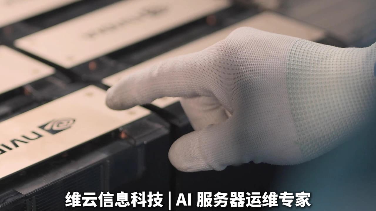 白手套手指触碰 NVIDIA 服务器板卡特写