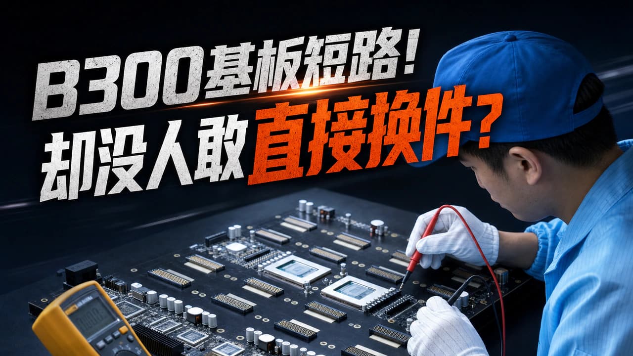工程师用万用表在 B300 基板上测量短路点